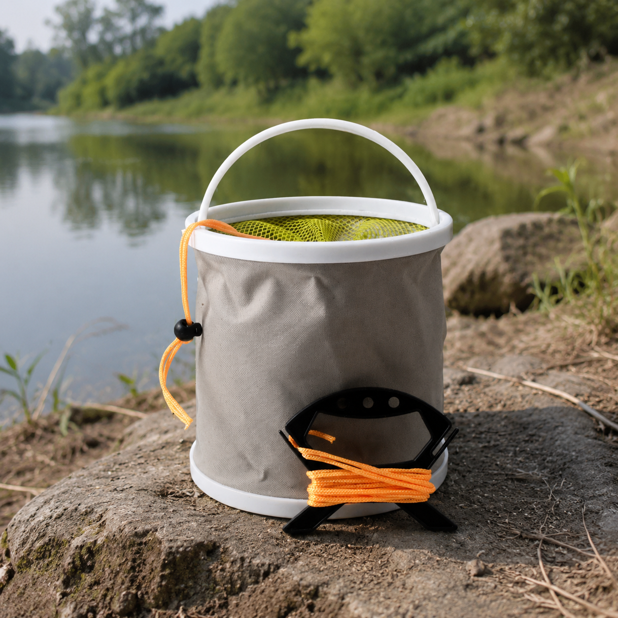 Foldable fishing bucket, folding bucket with rope, dark textile, foldable bucket for carp anglers and water scooping