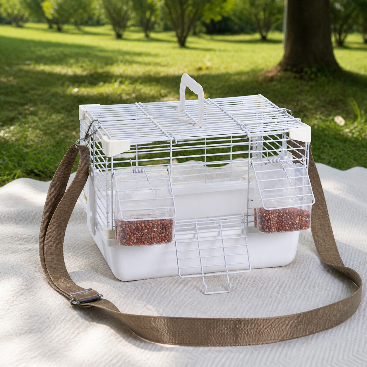 Pet Travel Cage for Small Birds, 27x20x20cm Metal Birdcage with Shoulder Strap, Perch & Feeder Cups, Easy Clean Pull-Out Tray