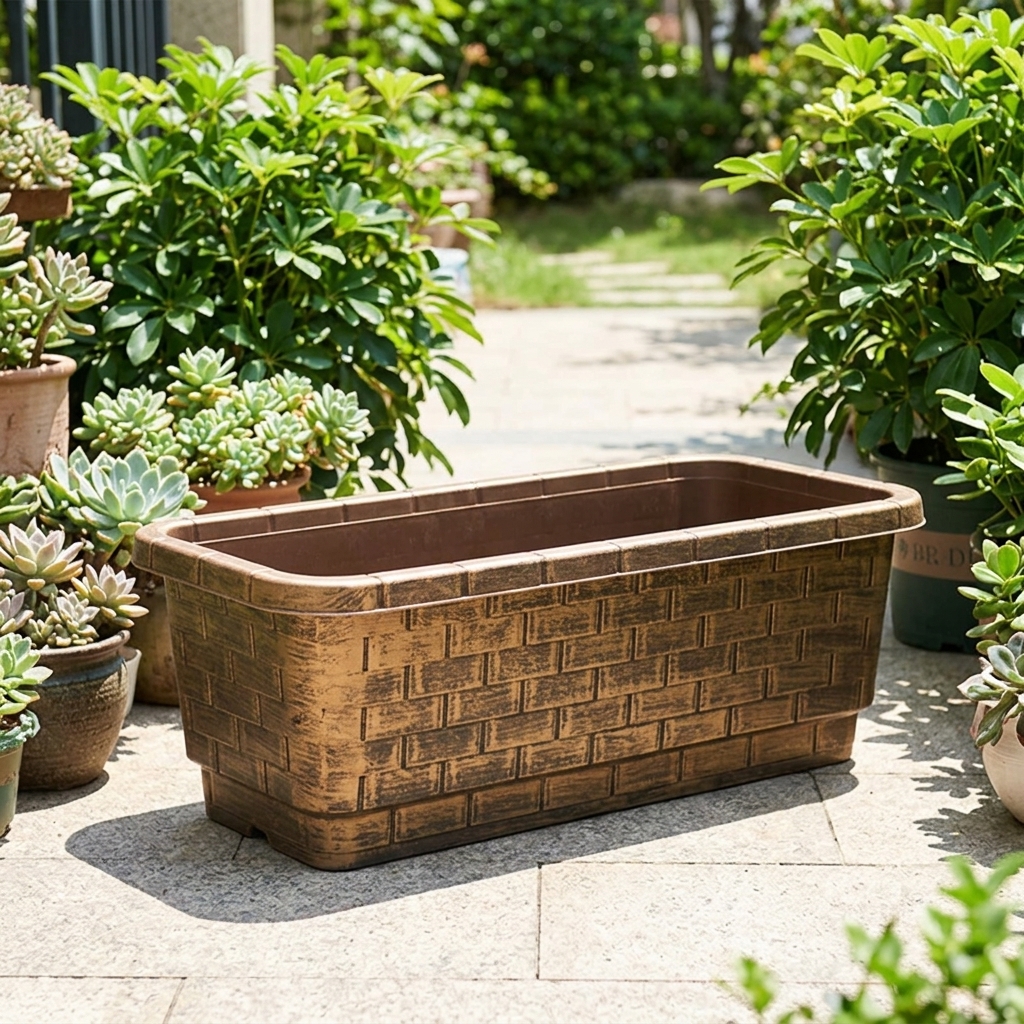 Rectangular Planter Box Outdoor, Raised Planter Box 60L, Bronze Resin Imitation Brick for Vegetables, 89x33.5x27cm