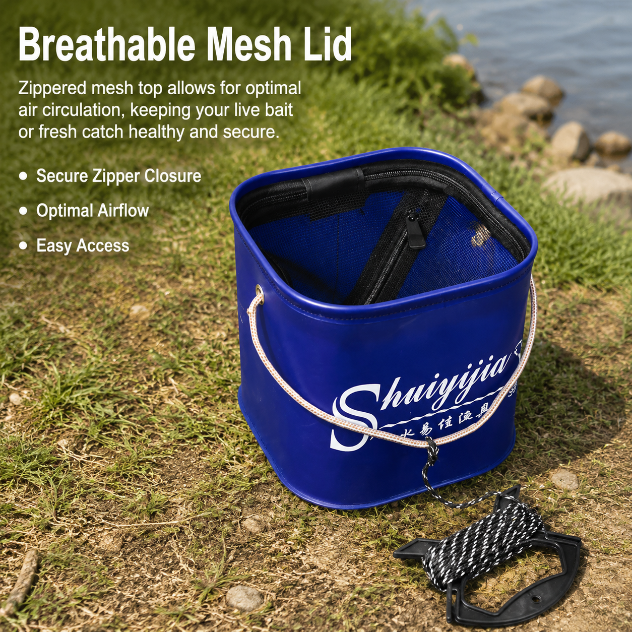 Collapsible Fishing Bucket with Rope, Waterproof PVC Coated Foldable Water - Produktbild 3