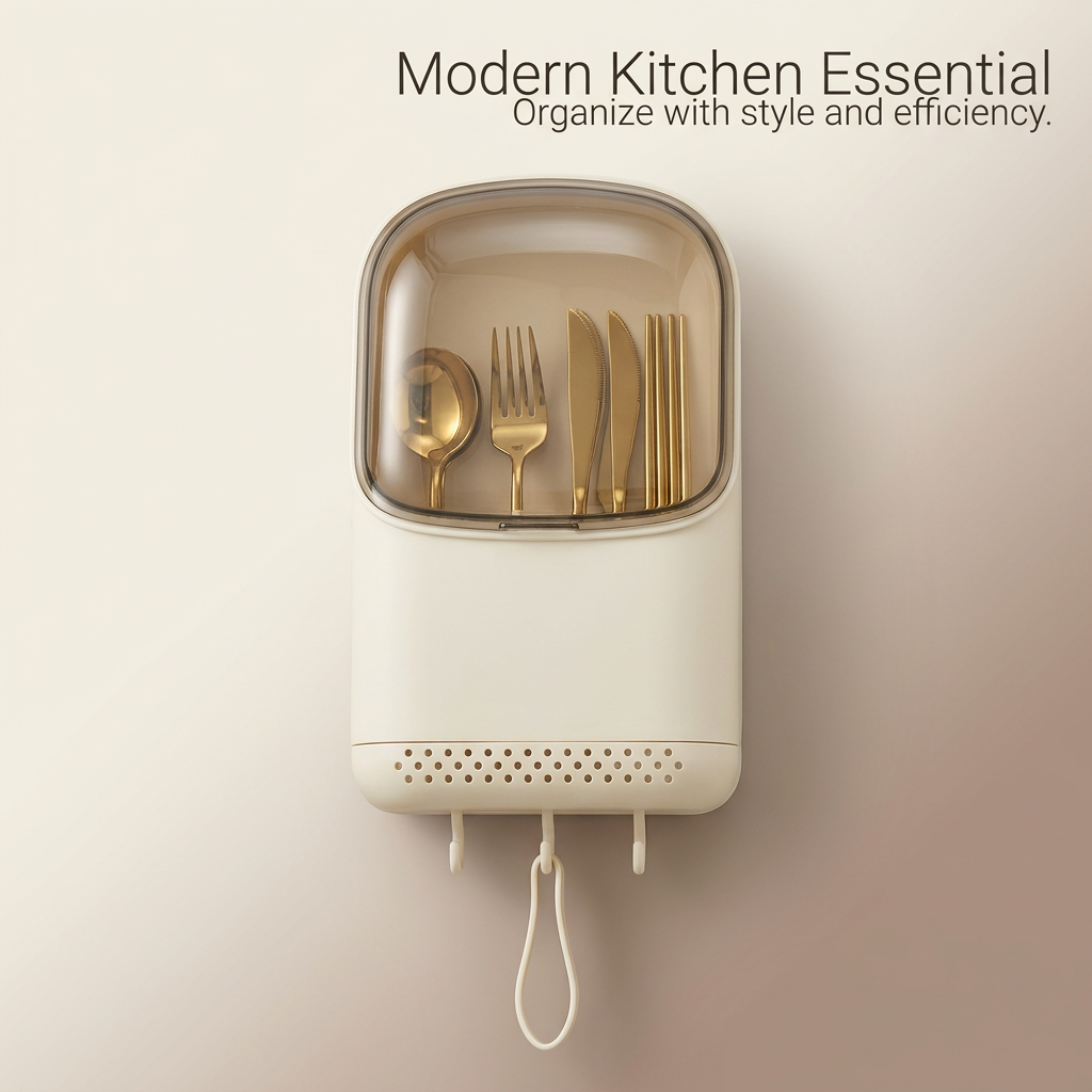 Wall Mounted Cutlery Holder Storage Box, Detachable Wall Mounted Cutlery Organizer, Kitchen Utensil Holder with Phone Stand