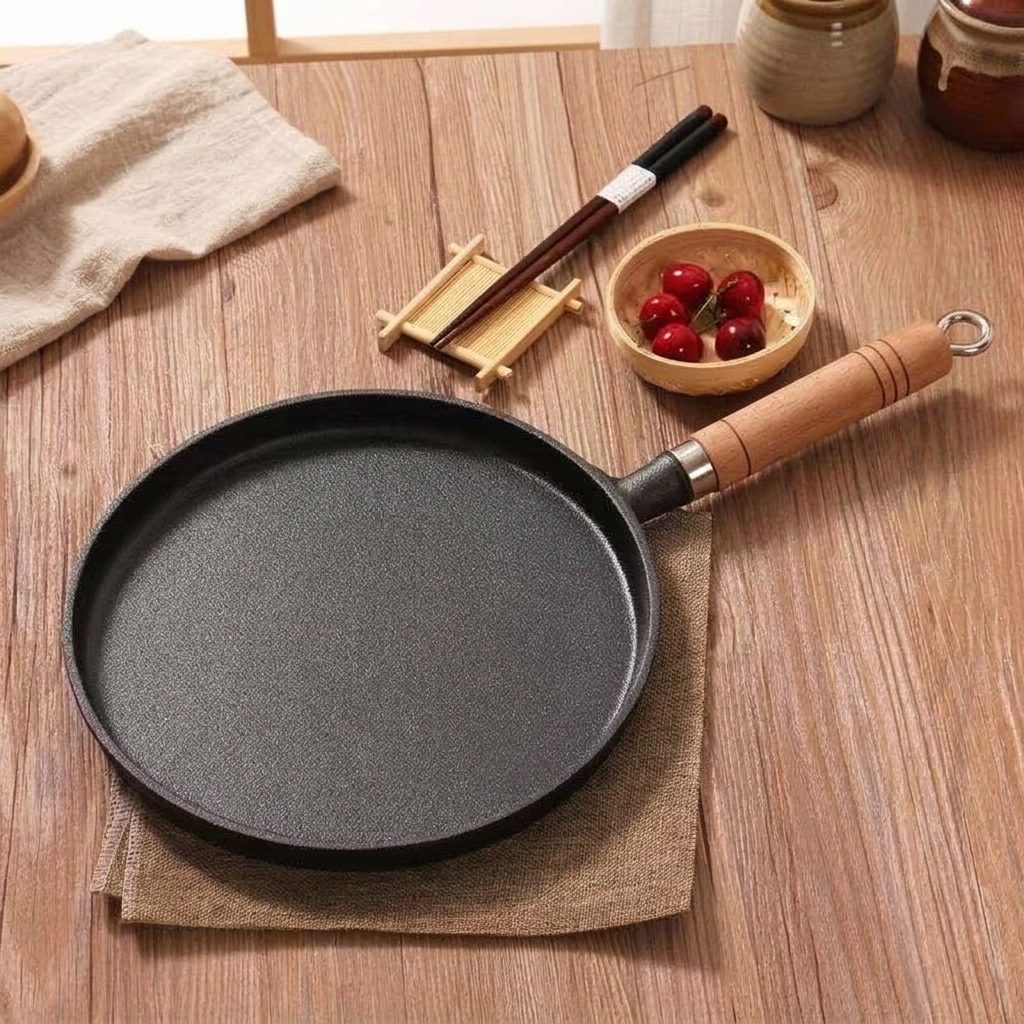 Frying Pan and Cast Iron Pan for Home Cooking, Heavy Duty Pancake and Crepe Pan with Wood Handle, Flat Bottom Pizza Pan, Griddle Pack of 1