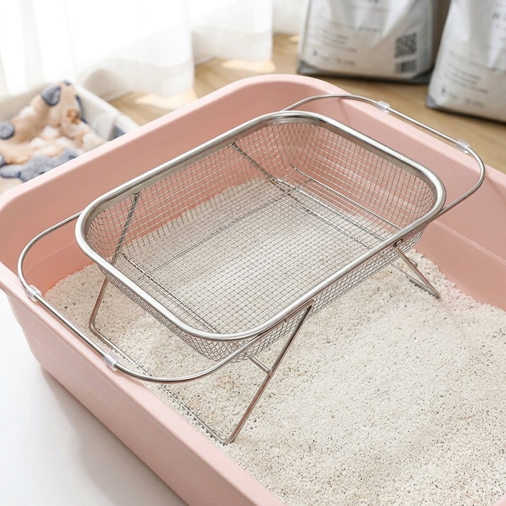 Litter Sifter and Stainless Steel Litter Scooper, Square Structure for Manual Cleaning, Fine Mesh Sifting Tool for Big Adult Cats and Owner