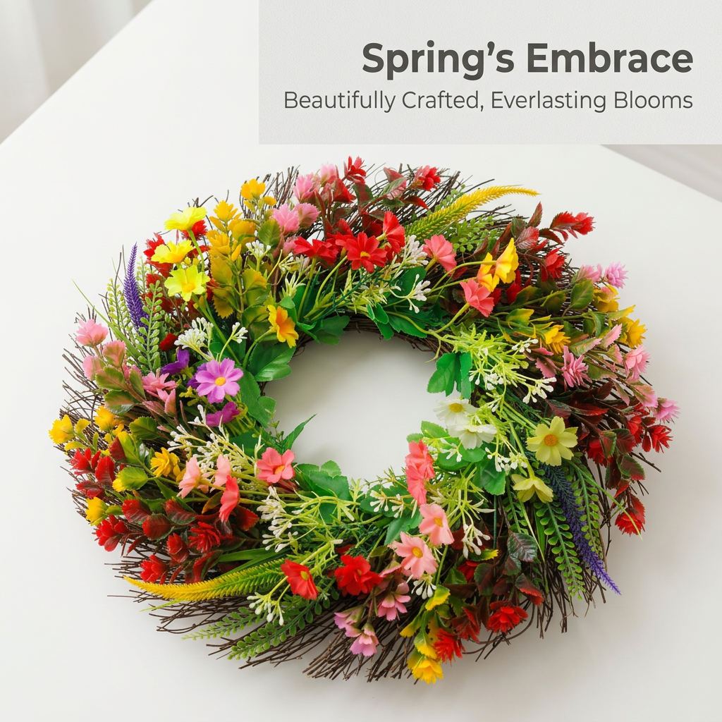 Artificial Door Wreath Green, Door Wreath for Entryway, Front Door Wreath Indoor Outdoor, Handcrafted Twig Base Wreath, Cheerful Spring