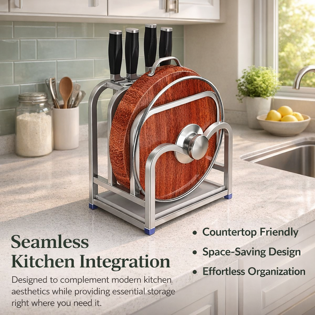 304 Stainless Steel Wall Mounted Cutting Board Holder with Slot and Hooks for Organization