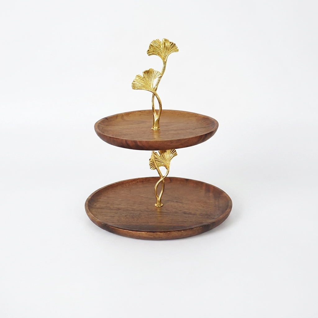 Walnut Wood Tiered Serving Tray, Metal Leaf Dessert Table Display Set