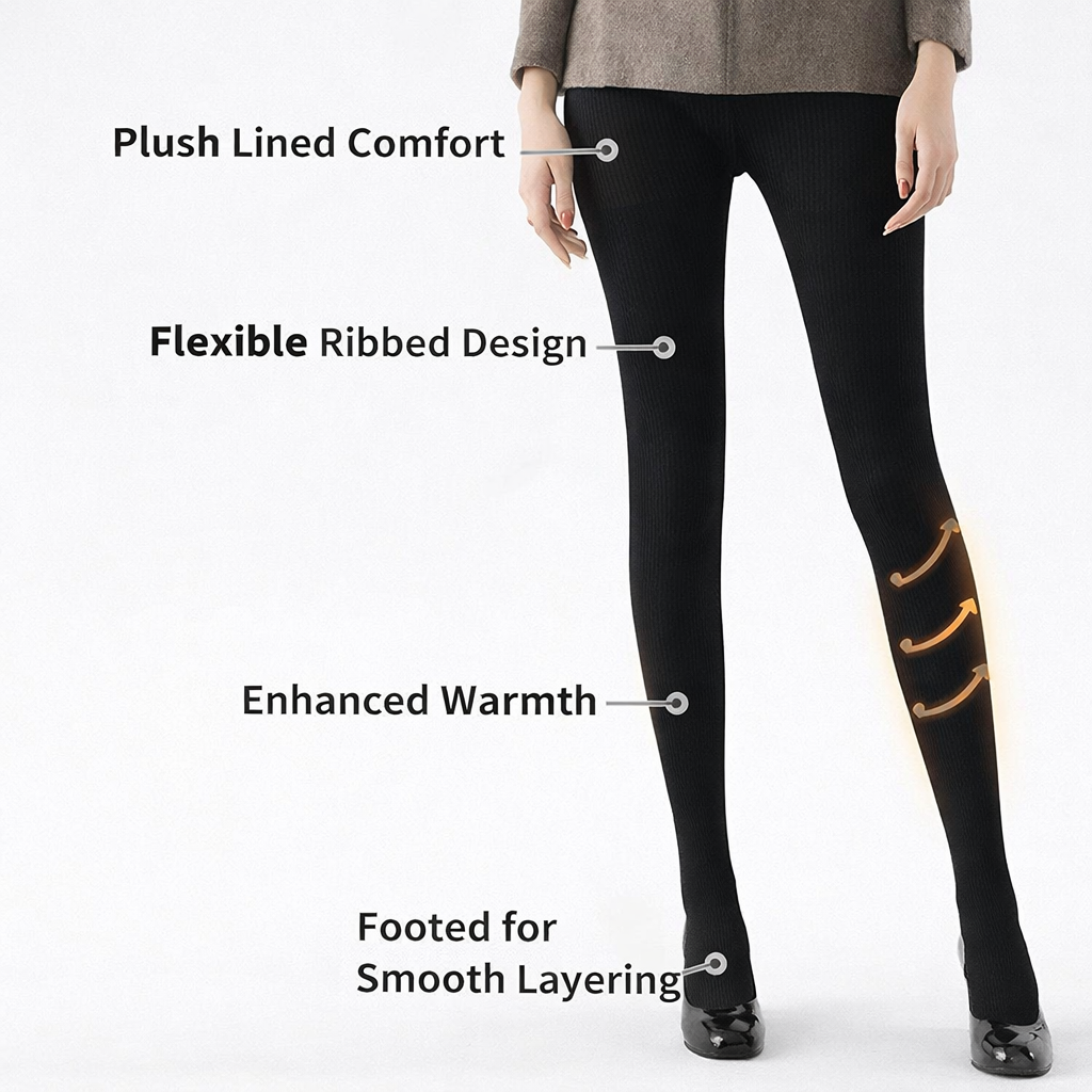 Thermal Leggings Women with Fleece Lined Opaque Tights for Autumn Winter, Ribbed Texture Design for Slimming Effect, Warm Footless