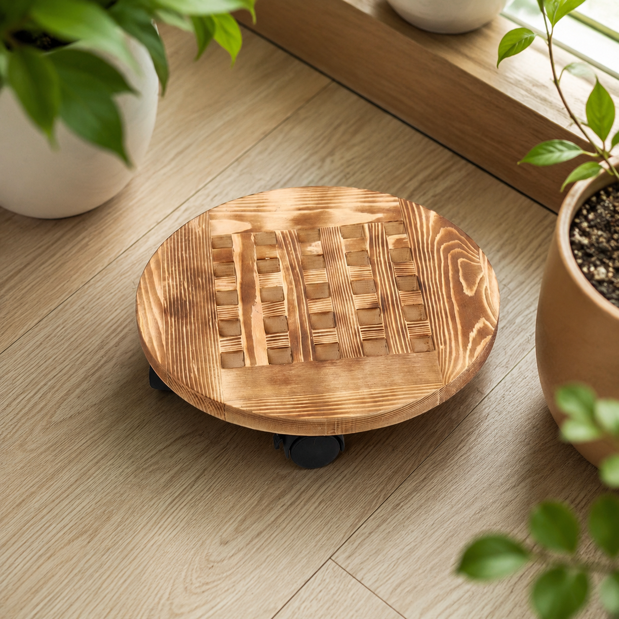 30cm Round Wooden Plant Caddy, Heavy Duty Pot Mover with 4 Universal Wheels, Rolling Plant Stand for Home Gardening