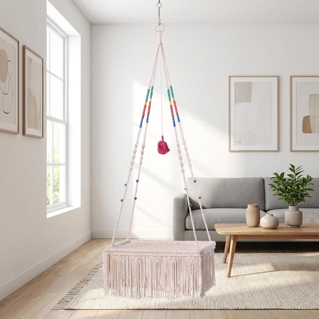 Bohemian Cat Bed Macrame Hanging Window Perch, Round Hammock Basket with Suction Cups, Space Saving Indoor Swing Hanging for Large Cats