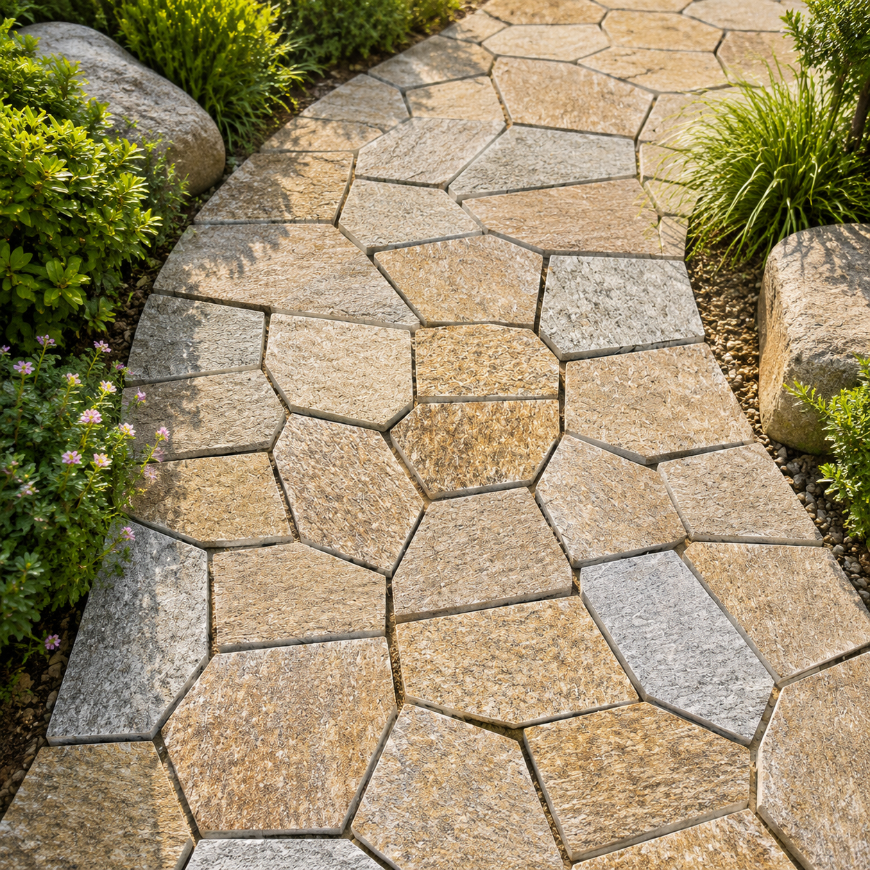Polygonal Natural Stone Slabs, Irregular Paving Stones for Garden & Terrace, Durable Stone Slabs with Natural Character, Yellow-Brown-Gray