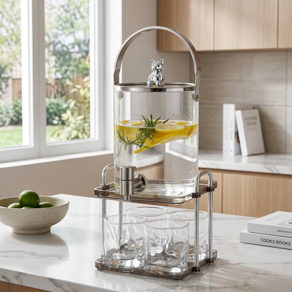 Water Dispenser with Stainless Steel Spigot and Metal Stand, Glass Water Jug Drink Dispenser with Tap for Iced Tea, Cold Brew Juice Dispenser