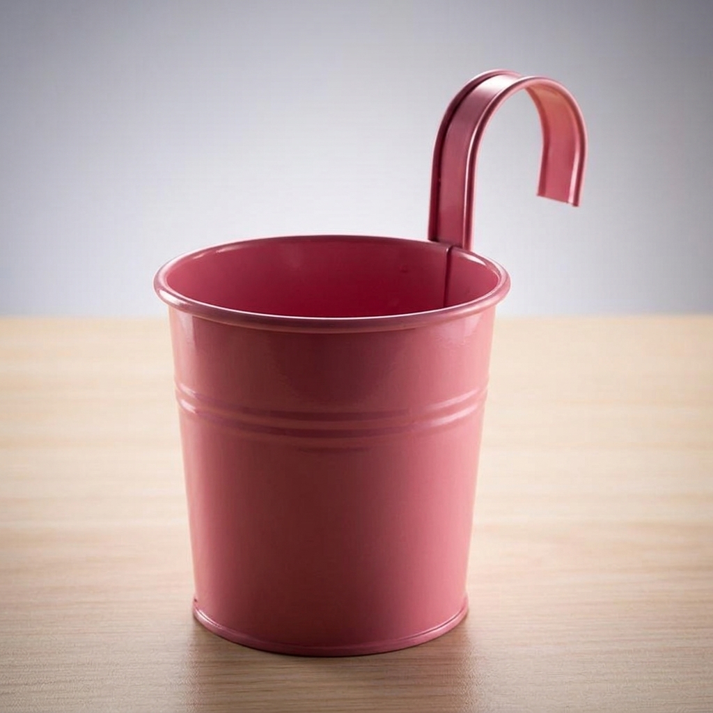 Plant Pots for Garden Decor and Flower Pots, Hanging Metal Bucket with Hook and Drainage Holes, Wall Planter Fence Planters, Pink 8cm Bottom