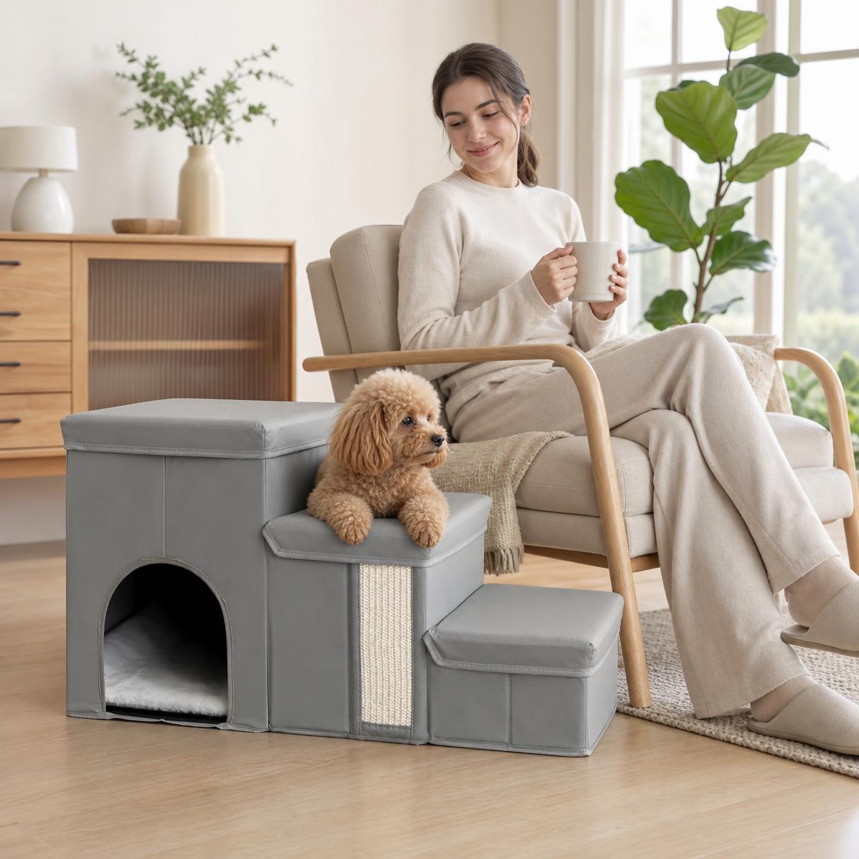 Foldable Pet Stairs with Storage, Waterproof Material Cat House Steps