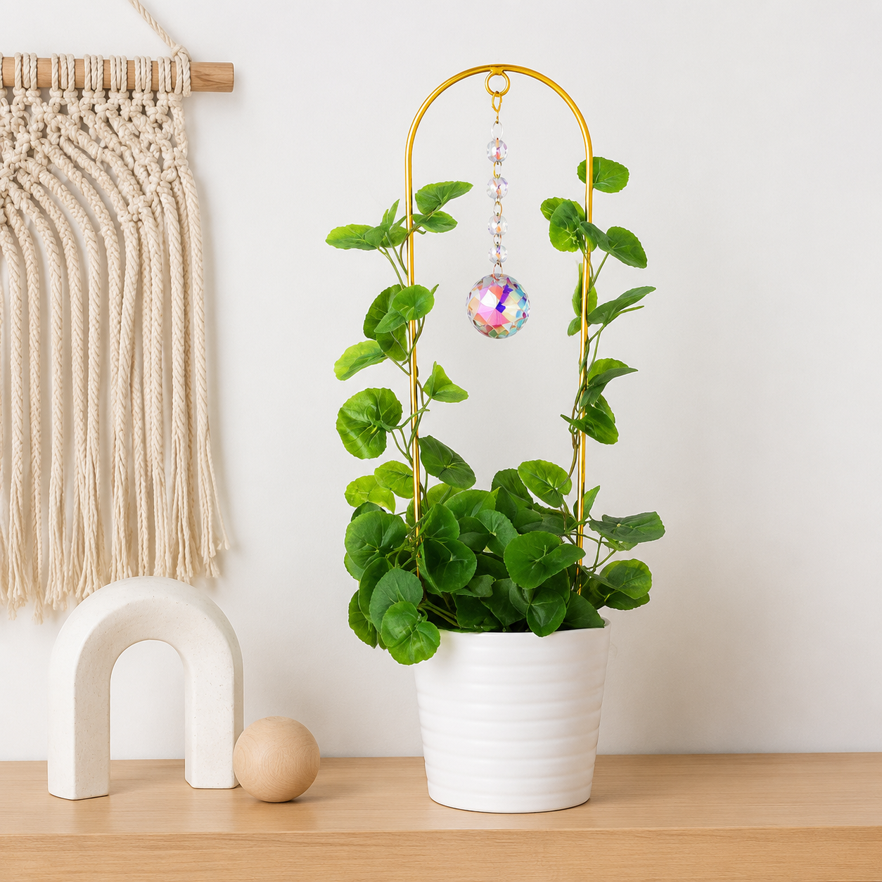 Golden Metal Trellis, 39.8cm Climbing Plant Support With Crystal Ornament, Decorative Plant Grid For Potted Plants