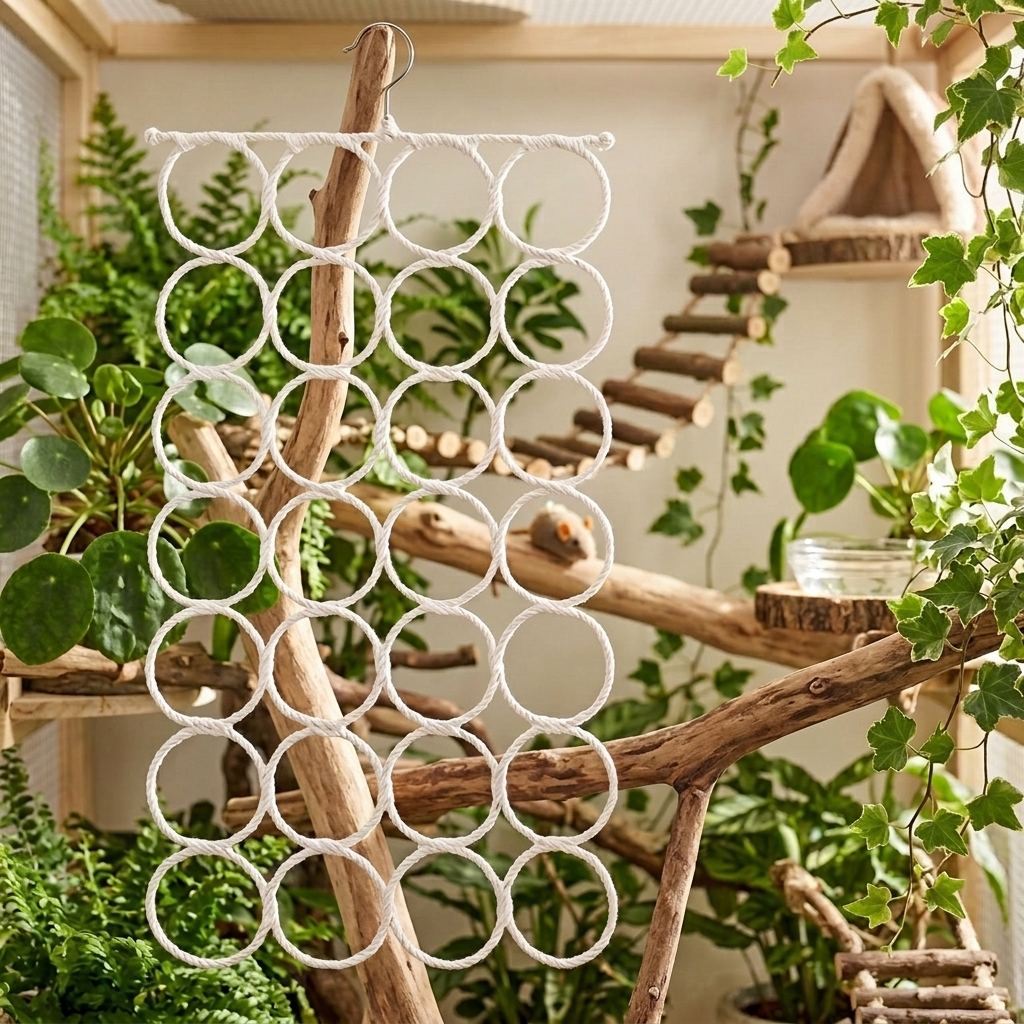 Bird Climbing Net Parrot Toy with Swing and Perch, Multi-Color Paper Vine Rings for Enrichment, Entertainment for Small Parakeets and Birds