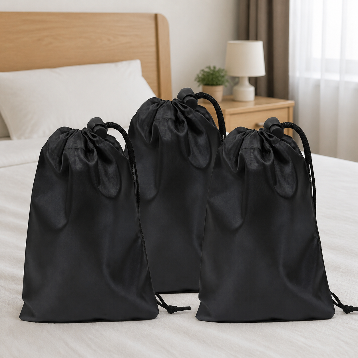 Nylon Drawstring Swim Bag, Black Sport Travel Gym Bag, Clothes Storage for Beach, Shoes & Toiletries