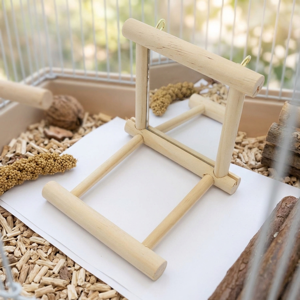 Parrot Perch with Bird Mirror and Solid Wood Stand, Square Wooden Bird Stand for Budgie, Cockatiel Toy and Lovebird Accessory, Small Size Toy