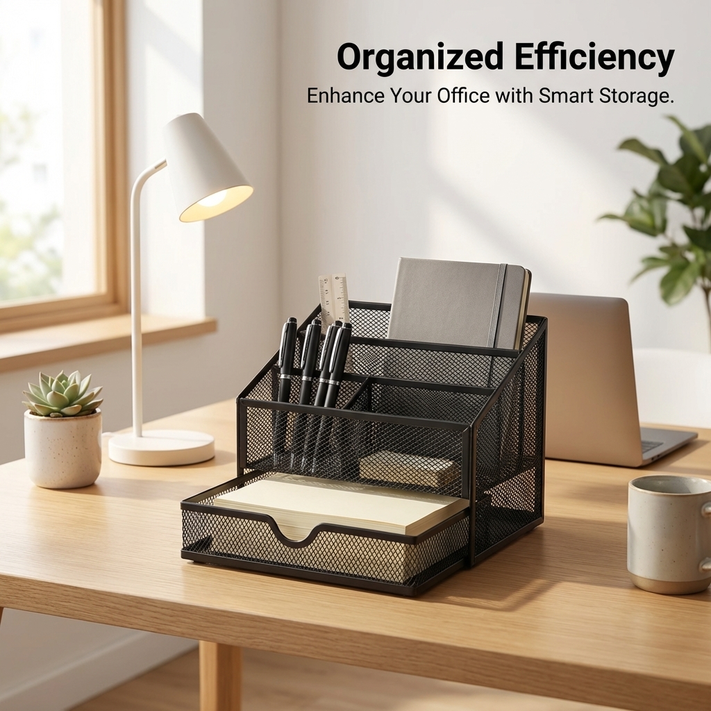 Desk Storage Organizer with Drawer, 3 Tier Desktop for Office, Multifunctional Metal Mesh Pen Holder for Home