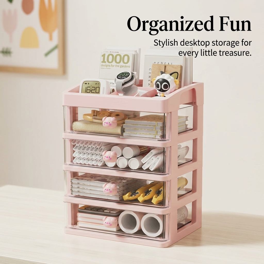 4 Tier Desktop Drawers Organizer with Pen Holder, Small Drawer Unit for Office Supplies, Desk for Stationery Makeup