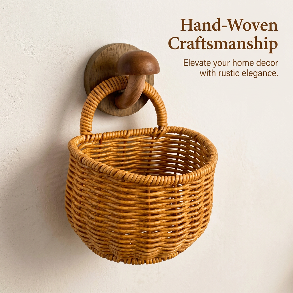 Retro Imitation Rattan Wall Basket, Japanese Hanging Storage Basket, Woven Basket for Makeup, Wall Mounted Woven Hanging Basket