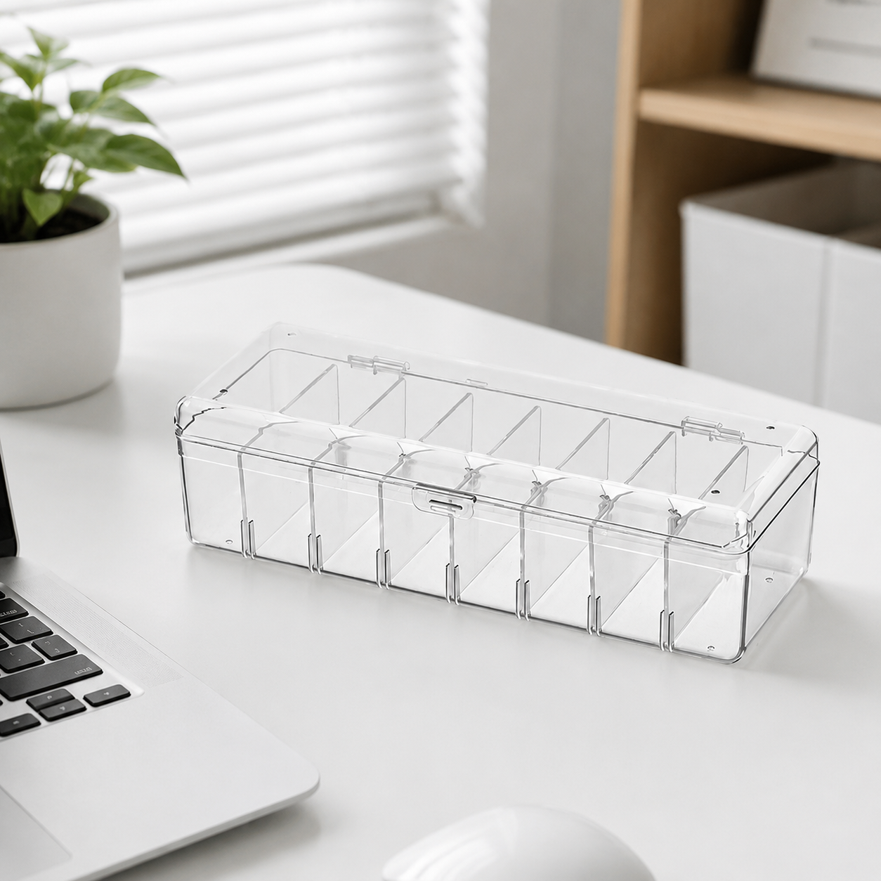Large Transparent Desk Storage Box with Lid, 26.5x10x7.5cm, Office, Easy Access, Dust and Moisture Protection, Clarity