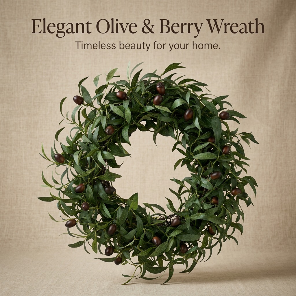Olive Wreath for Front Door, Greenery Wreath for Home Decor, Artificial Olive Branch Wreath, 24 Inch Door Wreath, Lifelike Silk Flower Foliage Wreath