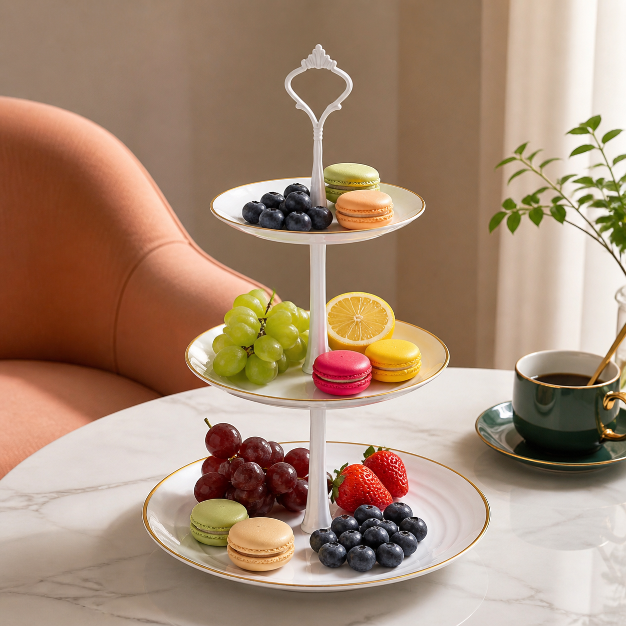 Luxury 3 Layer Ceramic Tiered Serving Stand, Gold Rim Cake Stand, White Pole Cupcake Holder for Weddings, High Tea