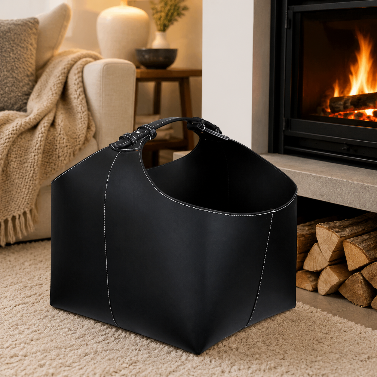 PU Leather Log Basket, Firewood Storage Basket with Handles, 37x31.5x36cm Scandinavian Log Holder