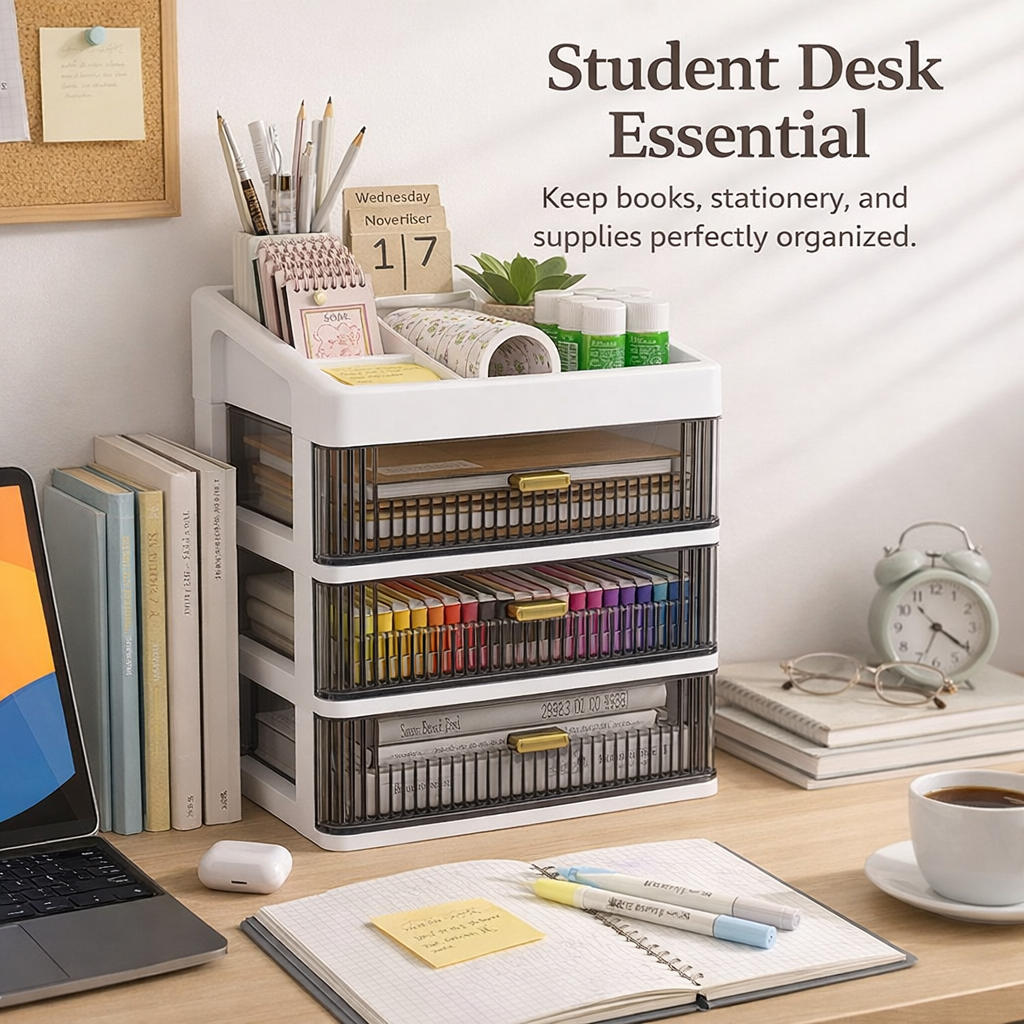 3-Tier Desktop Drawers for Study Table, Desk Storage Box with Lid, Stackable Organizer for Office Stationery, Small Drawer Unit for Student