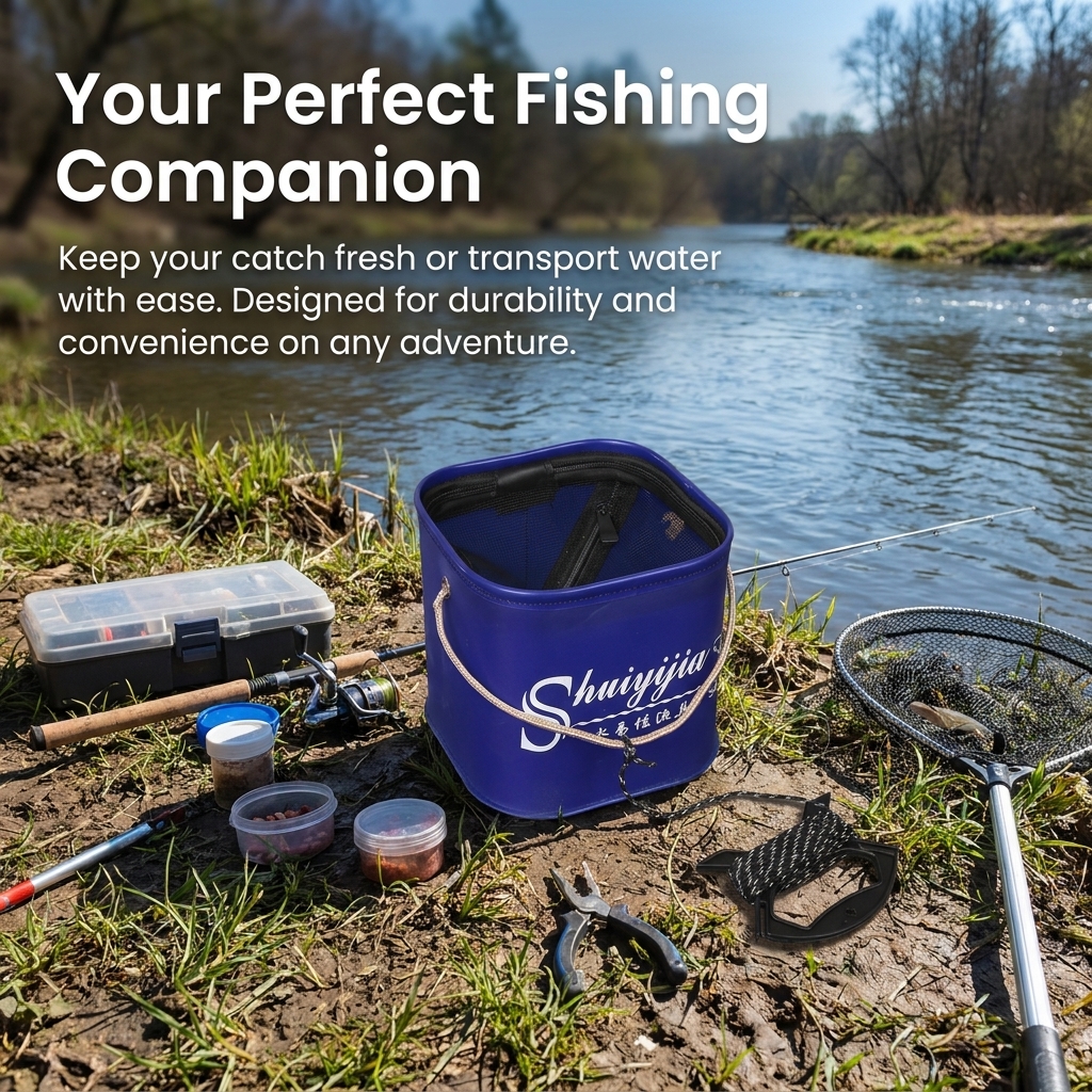 Collapsible Fishing Bucket with Rope, Waterproof PVC Coated Foldable Water - Produktbild 2