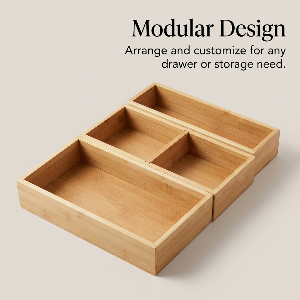 Bamboo Drawer Organiser Set, Waterproof Modular Bamboo Drawer Bins, Eco-Conscious Bamboo Drawer Storage, Bamboo Drawer Organizer Dividers for Desk