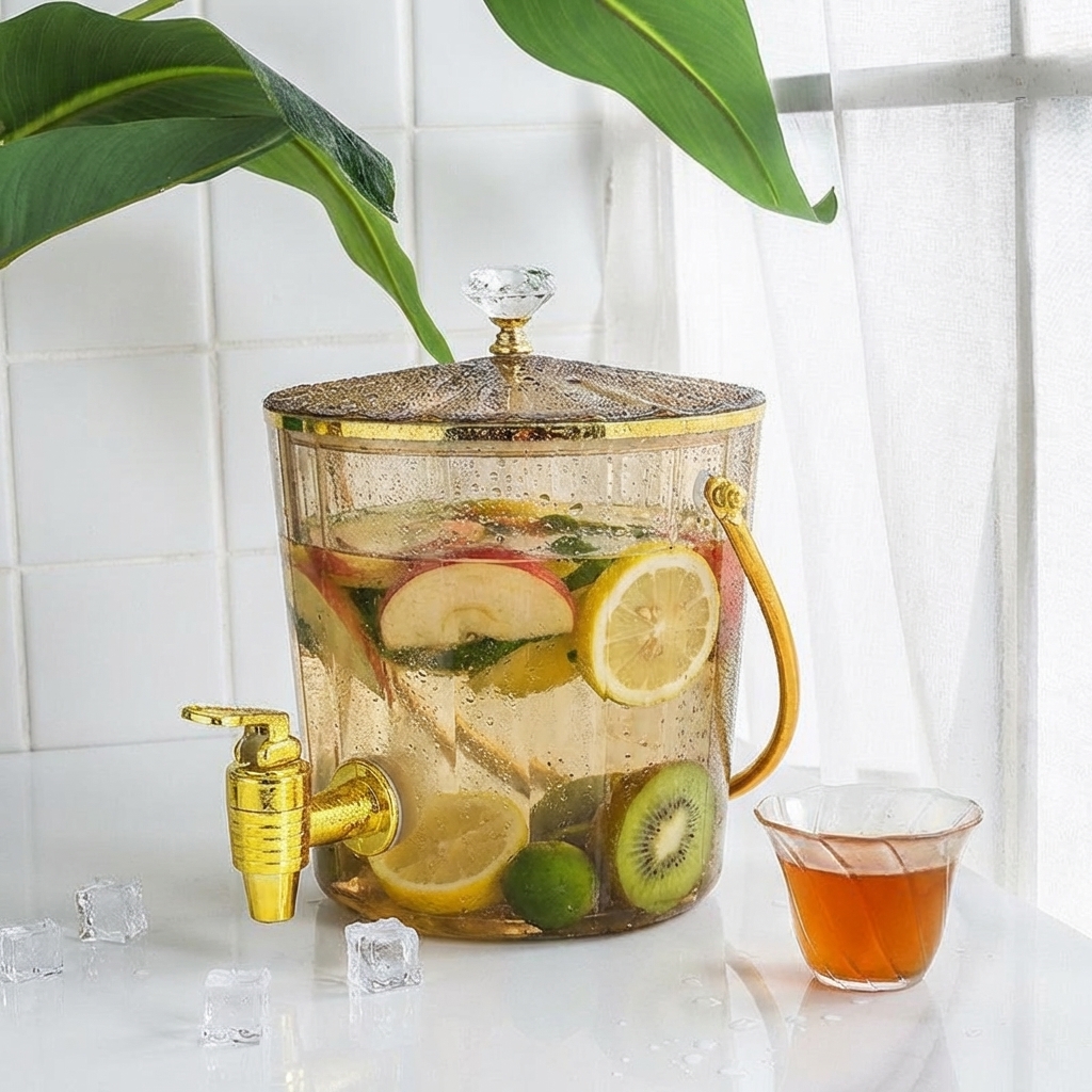 Water Dispenser Glass Water Jug with Gold Tap, Round Drink Dispenser with Tap and Handle, Modern Minimalist Iced Tea Restaurant Beverage Server