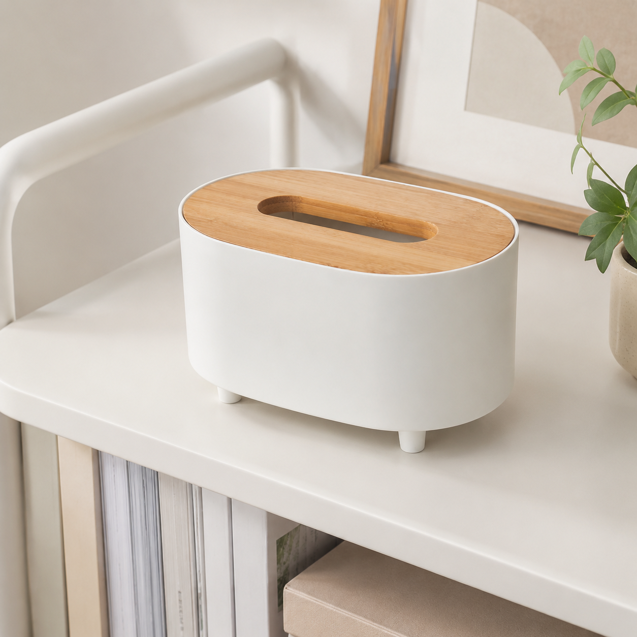 Ivory Oval Tissue Box Cover, Modern Polypropylene Tissue Box Holder with Bamboo Lid, 20x13.5x9.5cm Facial Tissue Dispenser for Living Room
