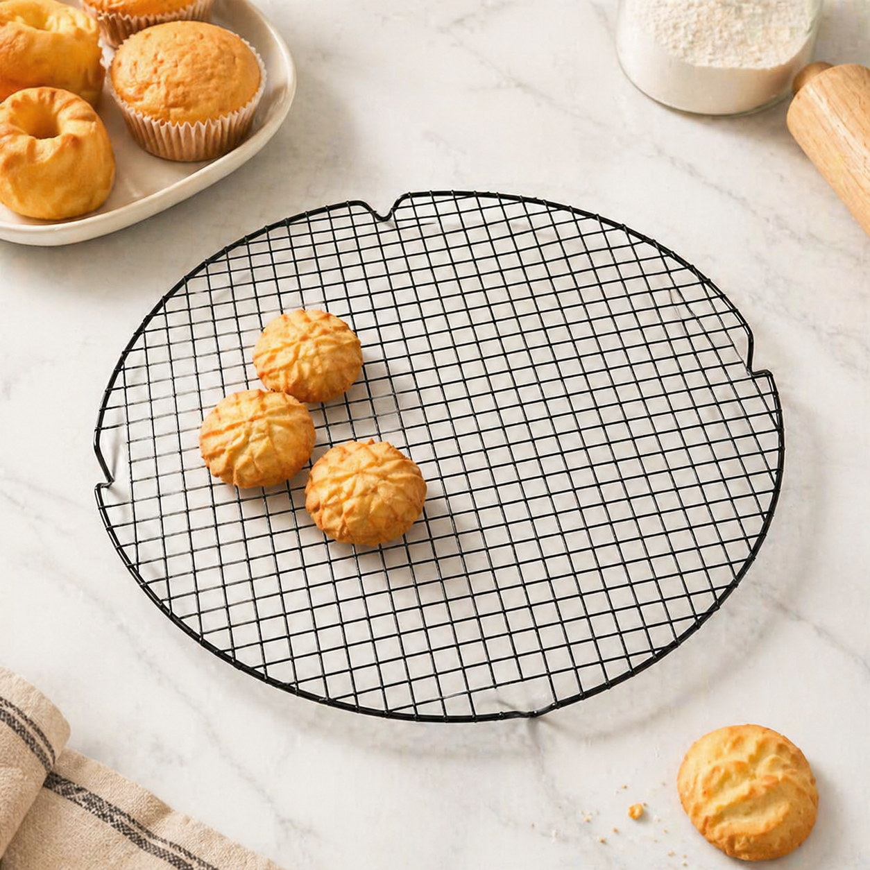 Black Carbon Steel Cooling Rack, 33cm Round Non-Stick for Cake & Cookie, Kitchen Baking Rack for Baked Goods & Roast, Even Cooling