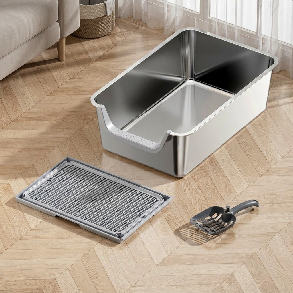 Open accessible waste container Stainless Steel Open-Top Feline Lavatory, High Sided Alloy Pan Tray, waterproof Indoor Kitten waste solution