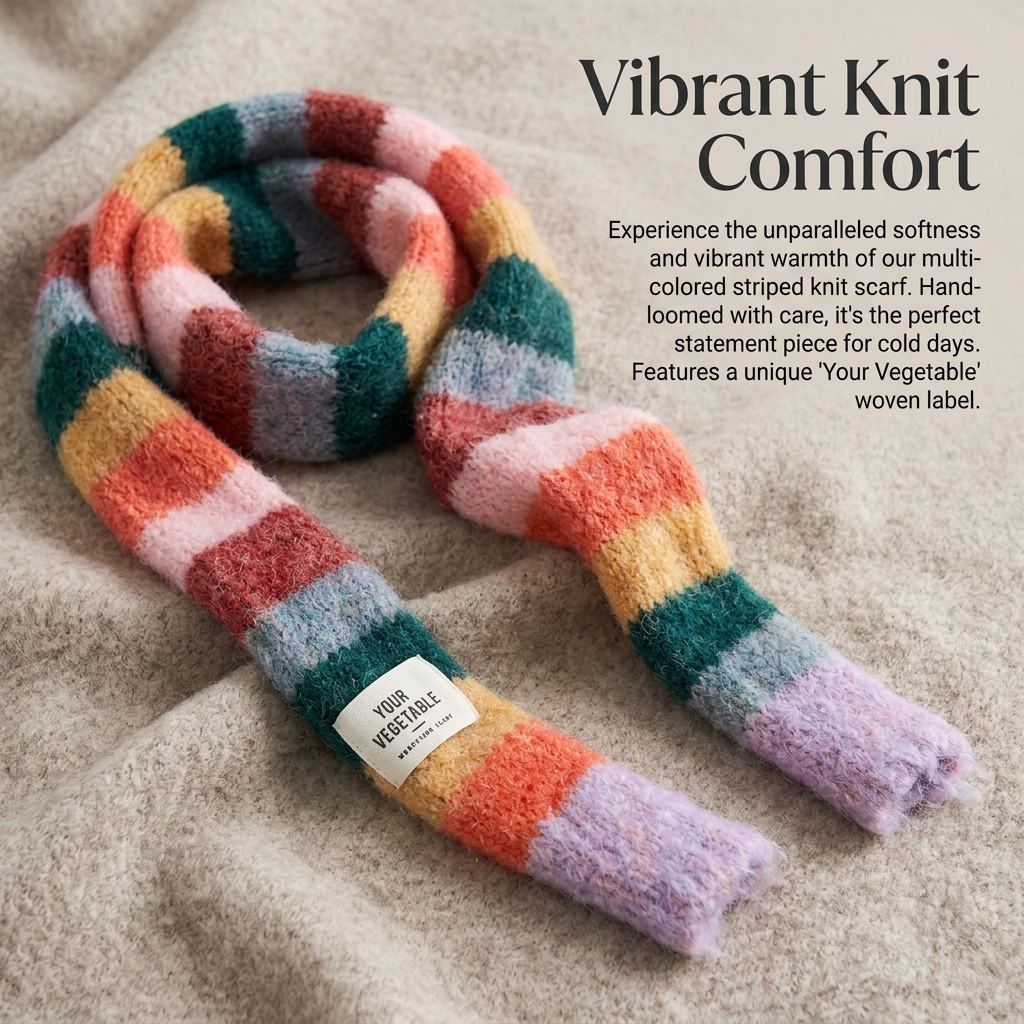 Striped Scarf for Women Winter, Skinny Knitted Wool Yarn, Long Thin Colorful Narrow Rainbow Cold Weather Accessory Young Adults