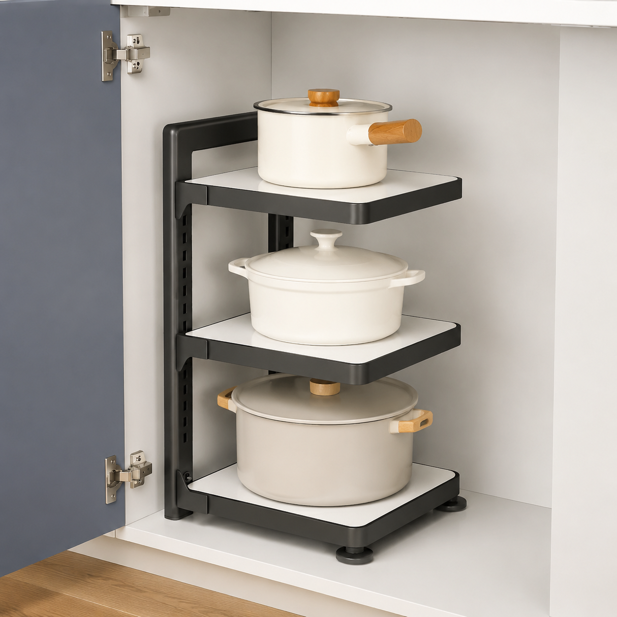 3-Tier Pot Organiser, Metal Pan Organiser with Adjustable Dividers, Cookware Holder for Cupboard Kitchen Storage Rack