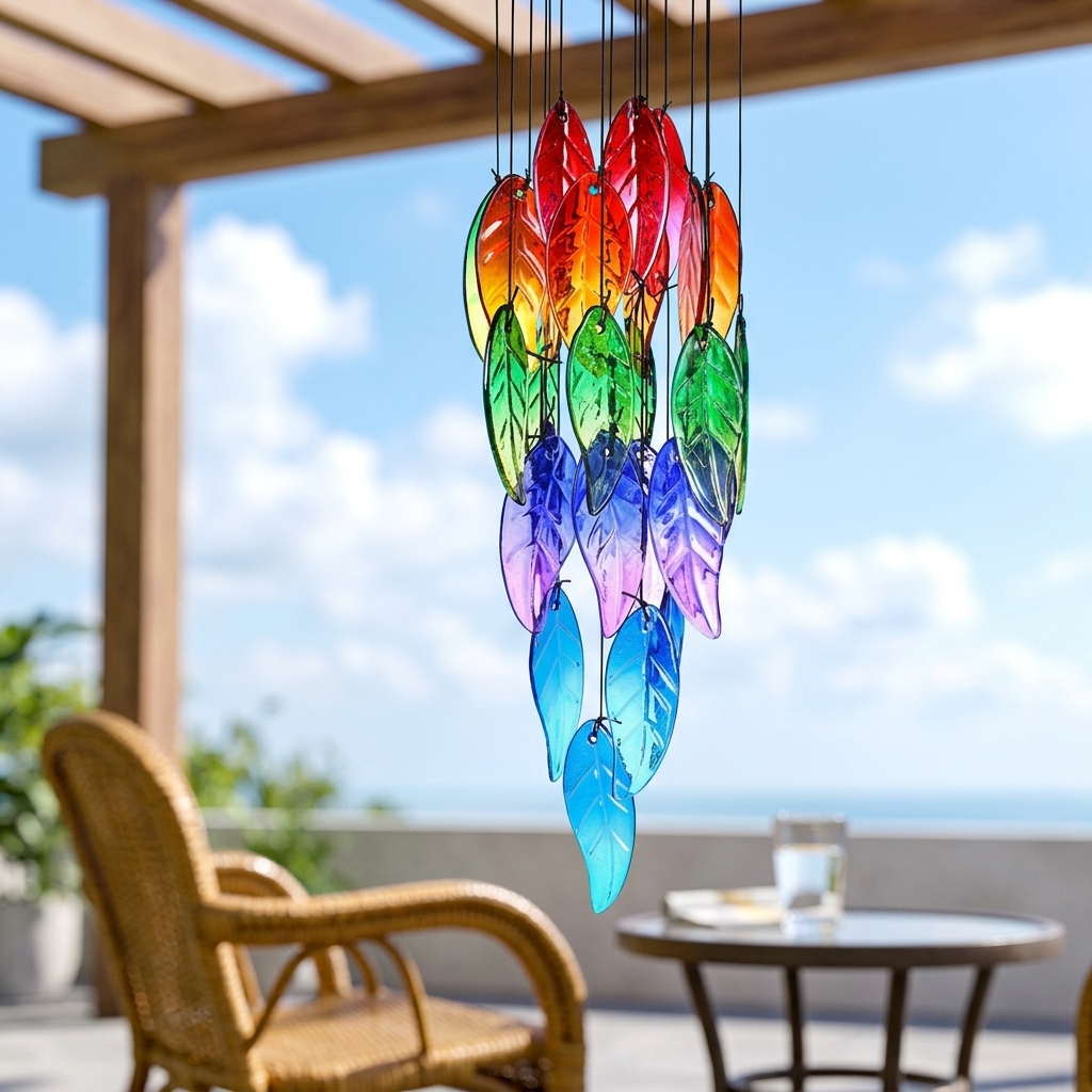 Wind Chimes Outdoor, 69cm Multicolor Glass Leaf Wind Chimes for Garden, Hanging Metal Crystal Chime for Verandah Decor
